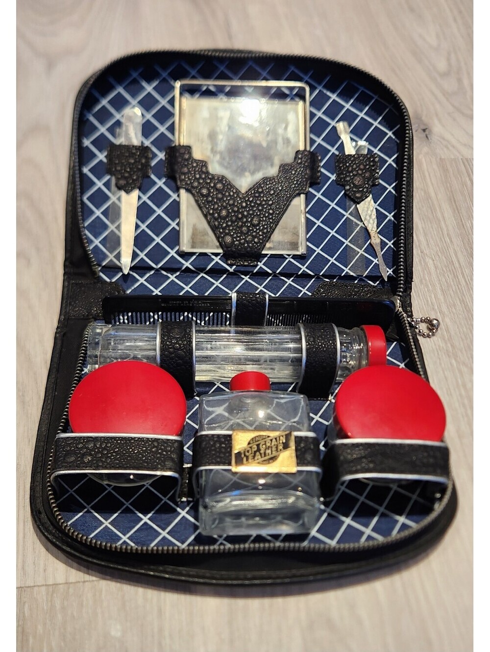 Vintage Black Leather Travel Grooming Kit with Red Accents